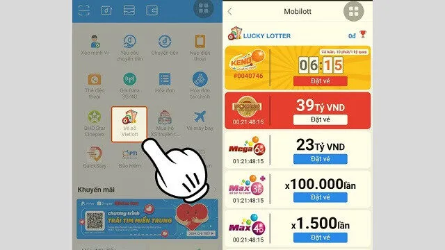 alt text: Hình ảnh hướng dẫn mua vé Vietlott bằng ví VTC Pay trên điện thoại